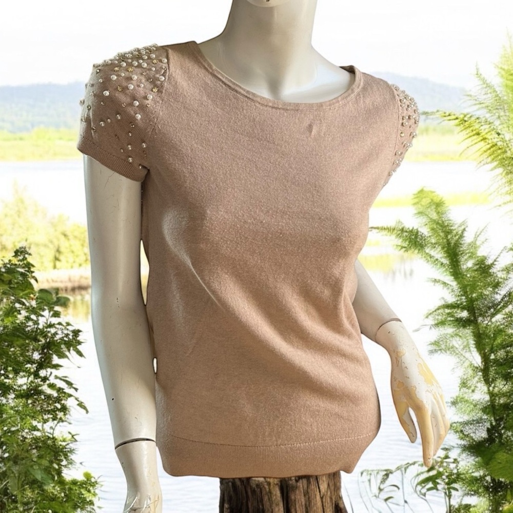 Ann Taylor tan short sleeve pearl rhinestone embellished crew neck sweater S